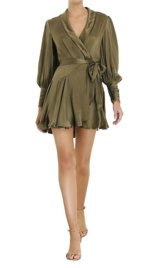 Zimmermann Silk Wrap Mini Dress Khaki ...